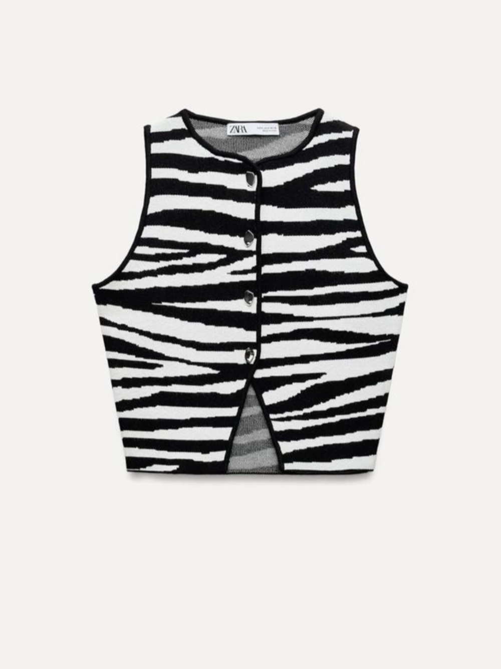 Zara Black and White Zebra-Print Knit Vest with Gold Buttons
